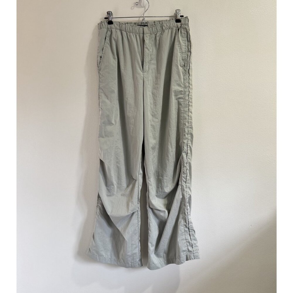 Zara Pants Womens L Parachute Wide Leg Baggy Sage Green Relaxed Elastic Waist